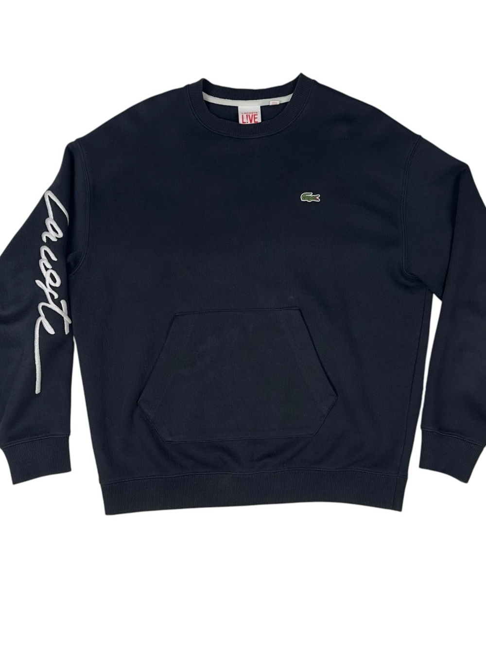 Lacoste Live Sweatshirt Mens Small Black Kangaroo Pocket Script Sleeve Logo